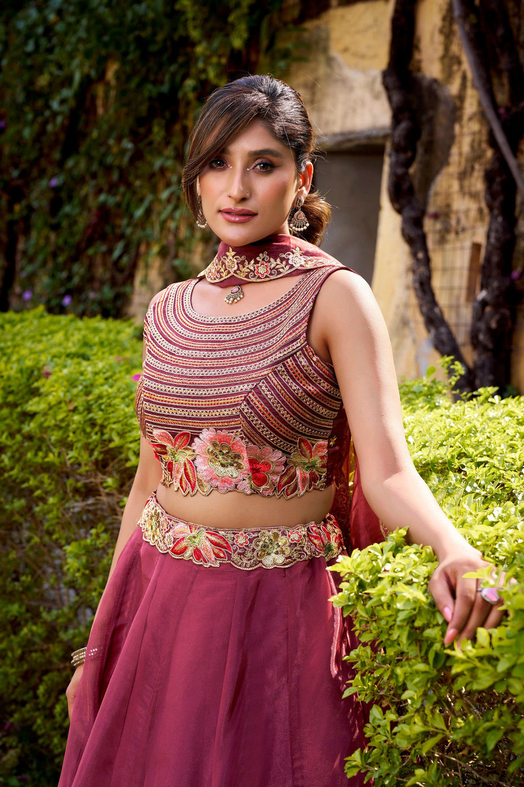 Lorenvalley Fashion Rust Chanda Silk Plain With Sequins and Thread Embroidery Work Belt Lehenga Choli with Dupatta