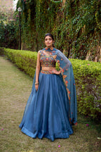 Lorenvalley Fashion Teal Chanda Silk Plain With Sequins and Thread Embroidery Work Belt Lehenga Choli with Dupatta