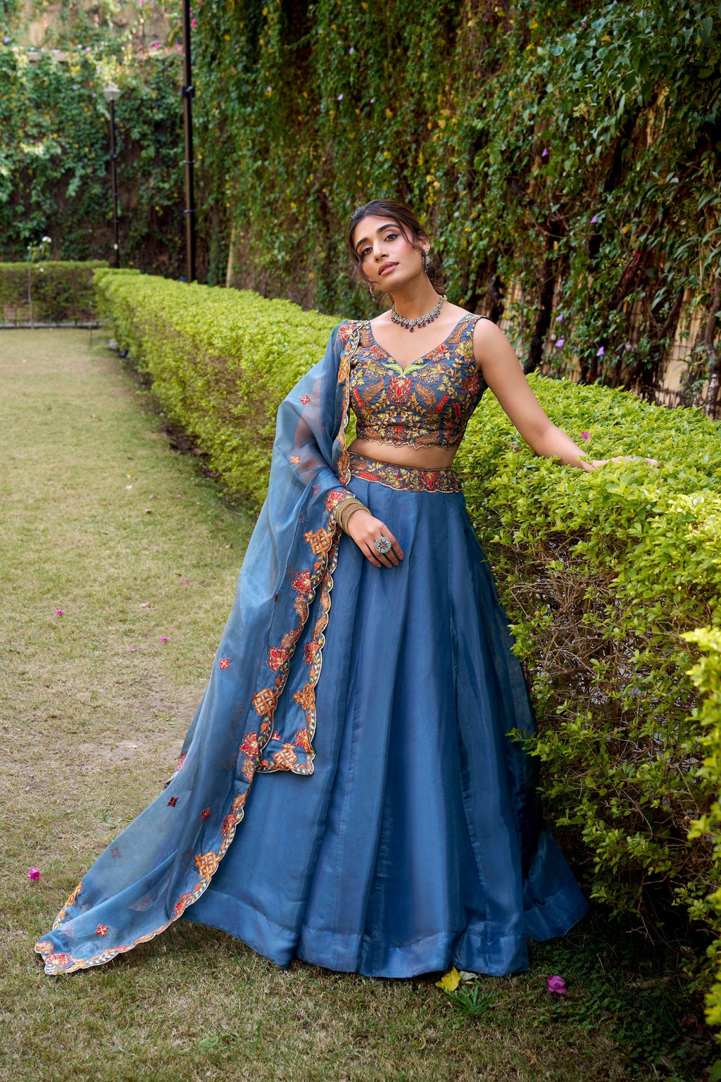 Lorenvalley Fashion Teal Chanda Silk Plain With Sequins and Thread Embroidery Work Belt Lehenga Choli with Dupatta