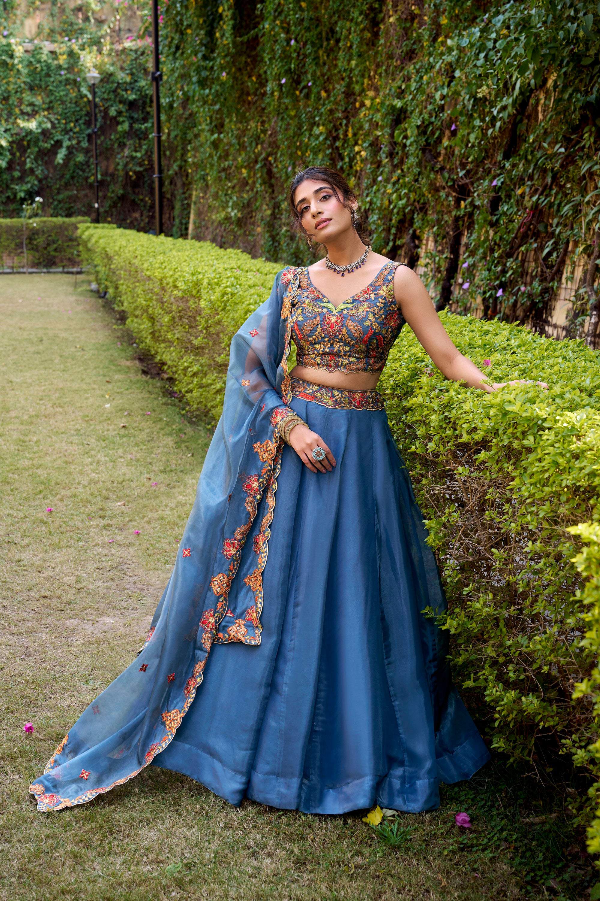 Lorenvalley Fashion Teal Chanda Silk Plain With Sequins and Thread Embroidery Work Belt Lehenga Choli with Dupatta