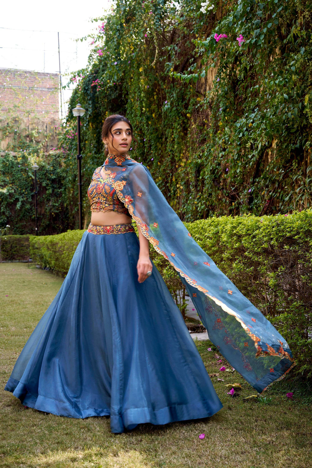 Lorenvalley Fashion Teal Chanda Silk Plain With Sequins and Thread Embroidery Work Belt Lehenga Choli with Dupatta