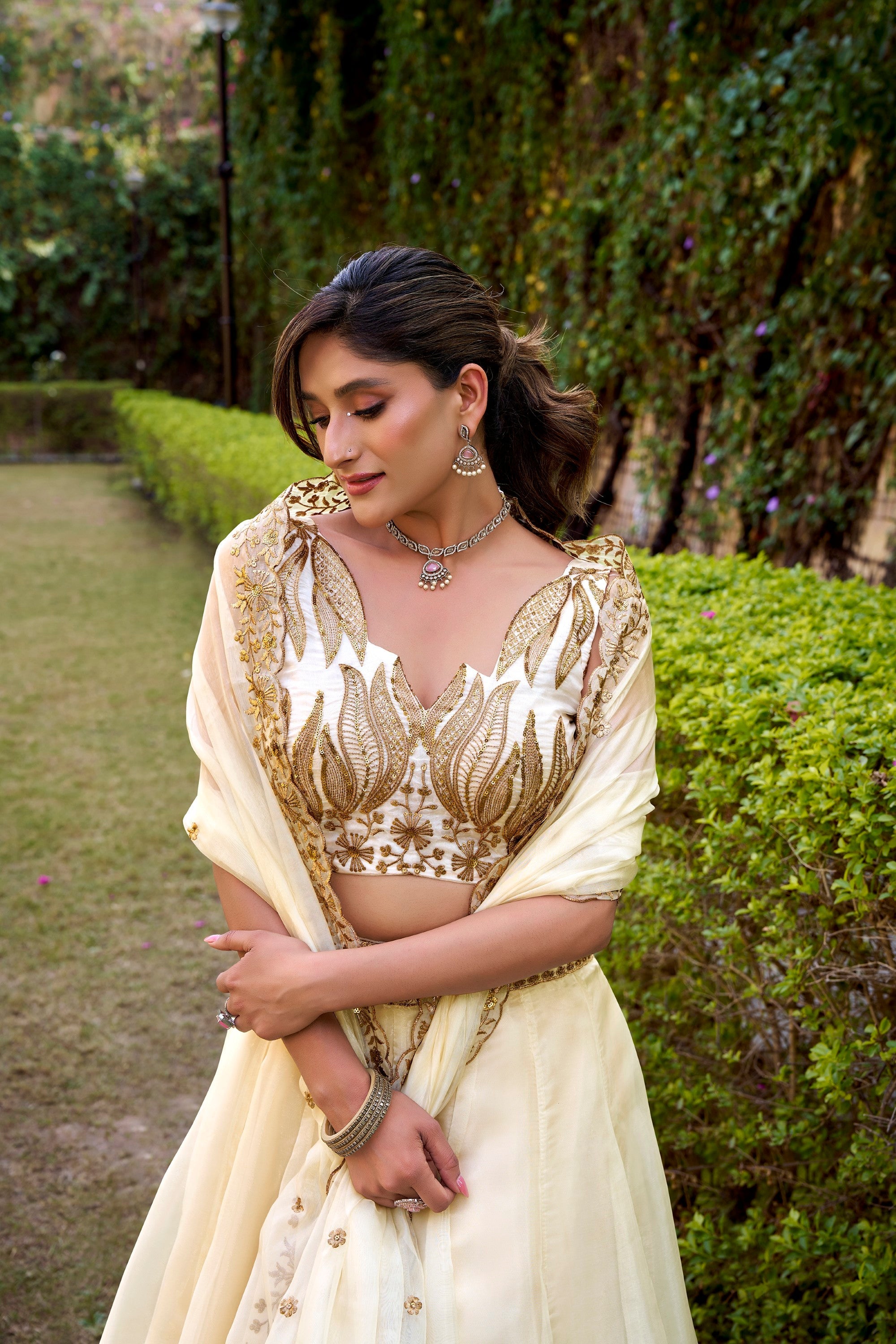 Lorenvalley Fashion Off White Chanda Silk Plain With Sequins and Thread Embroidery Work Belt Lehenga Choli with Dupatta