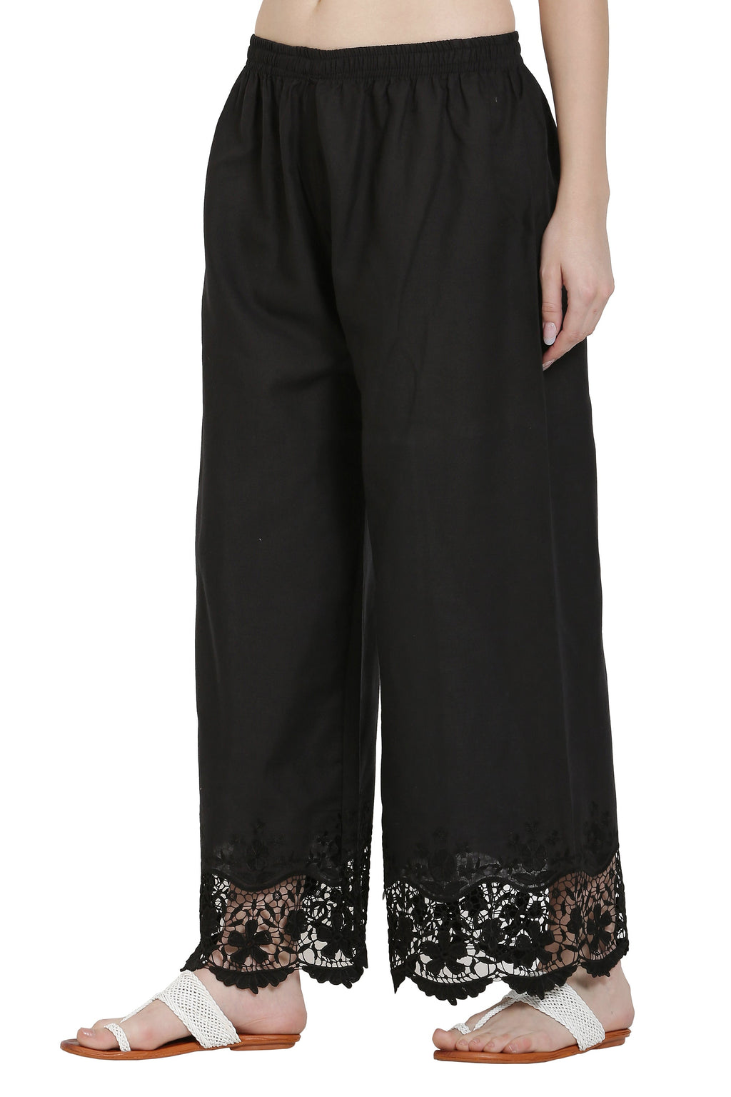 PAVONINE Black Color Chikankari Lace Scalloped Hem Cotton Fabric Sharara For Women - Distacart