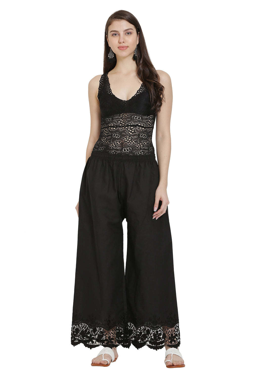 PAVONINE Black Color Chikankari Lace Scalloped Hem Cotton Fabric Sharara For Women - Distacart