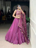 Lorenvalley Pink Silk Crepe Sequins and Thread Embroidery Work Belt Lehenga Choli with Dupatta