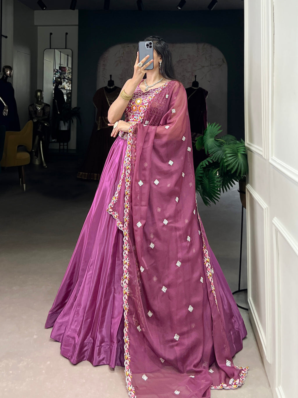 Lorenvalley Pink Silk Crepe Sequins and Thread Embroidery Work Belt Lehenga Choli with Dupatta