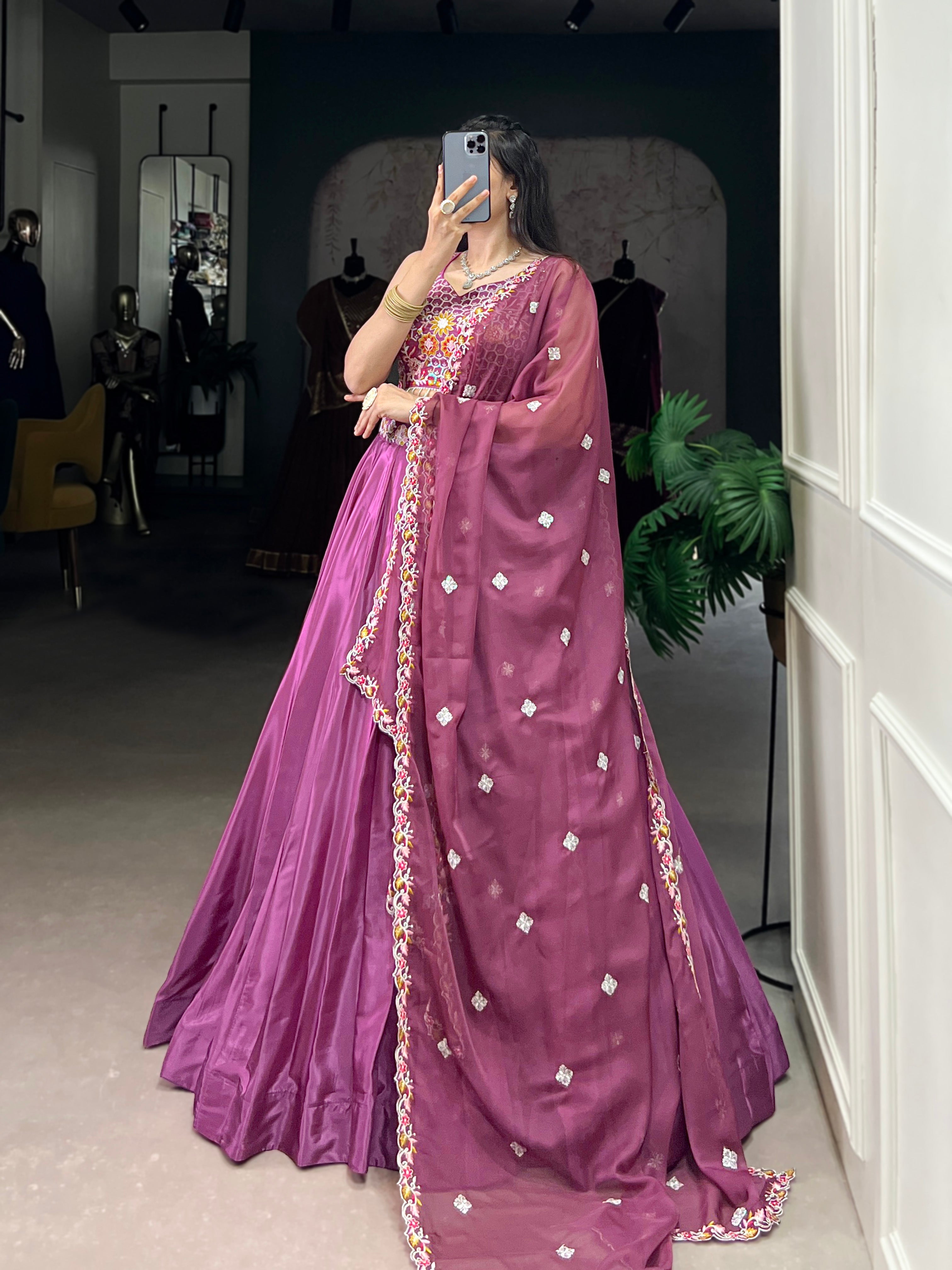 Lorenvalley Pink Silk Crepe Sequins and Thread Embroidery Work Belt Lehenga Choli with Dupatta