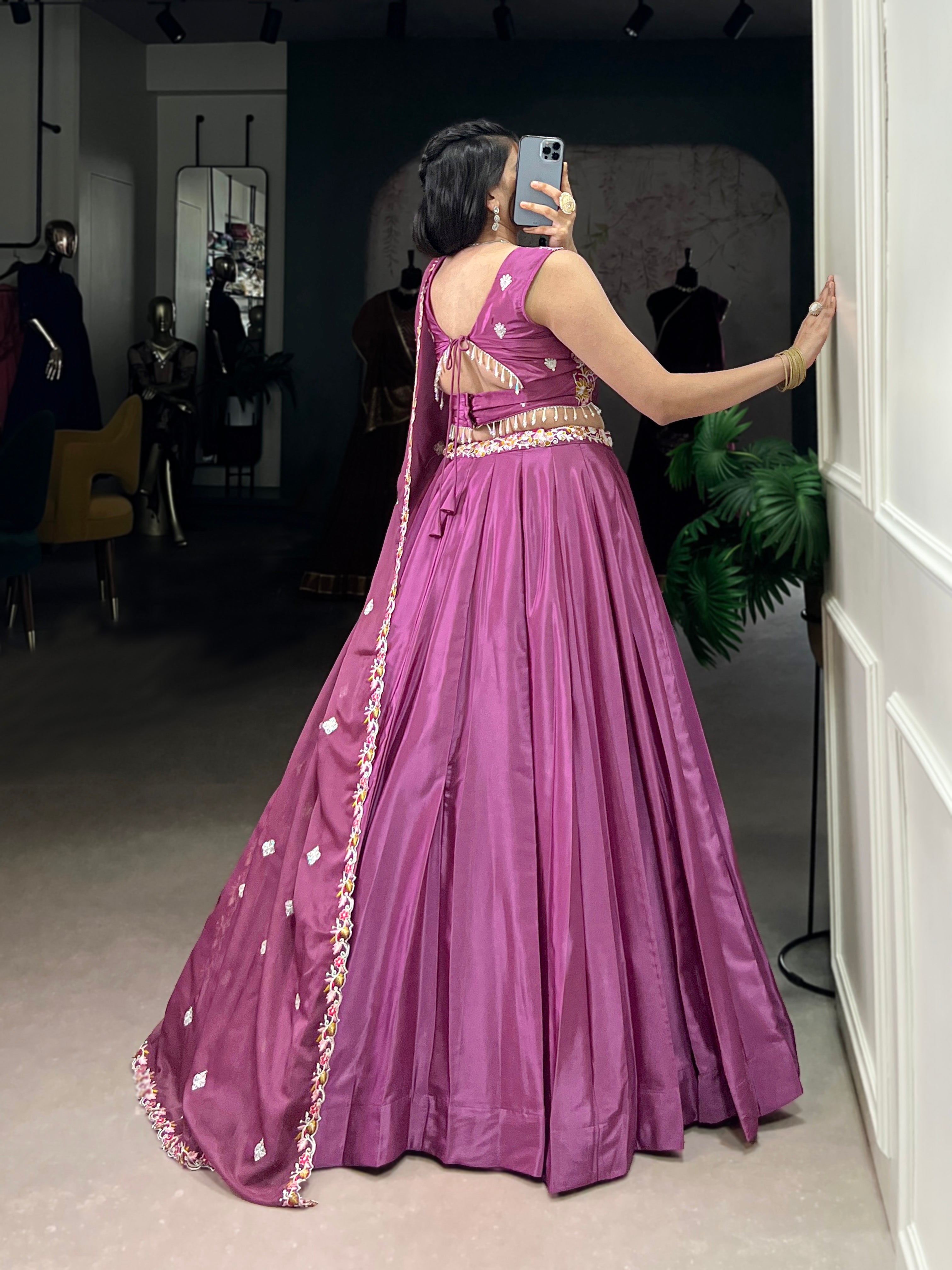 Lorenvalley Pink Silk Crepe Sequins and Thread Embroidery Work Belt Lehenga Choli with Dupatta