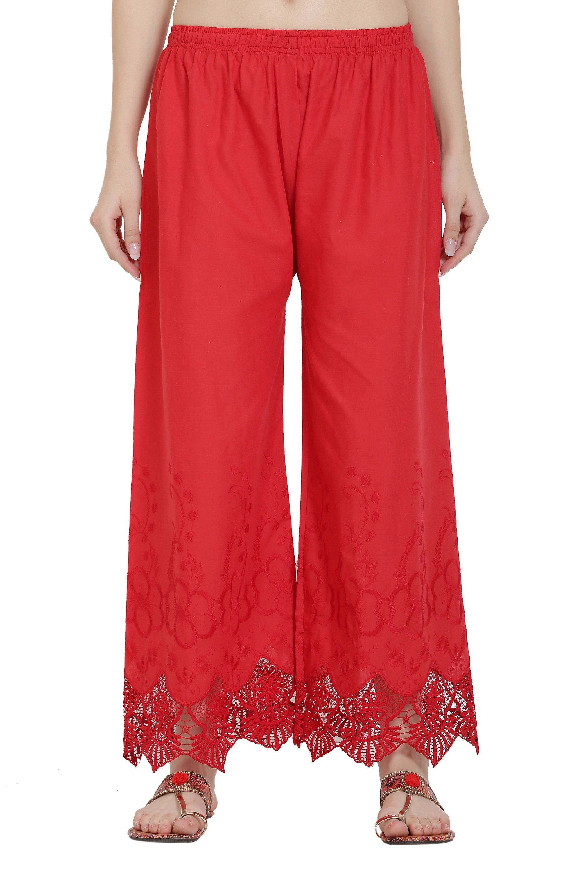 PAVONINE Red Color Chikankari Lace Scalloped Hem Cotton Fabric Sharara For Women - Distacart