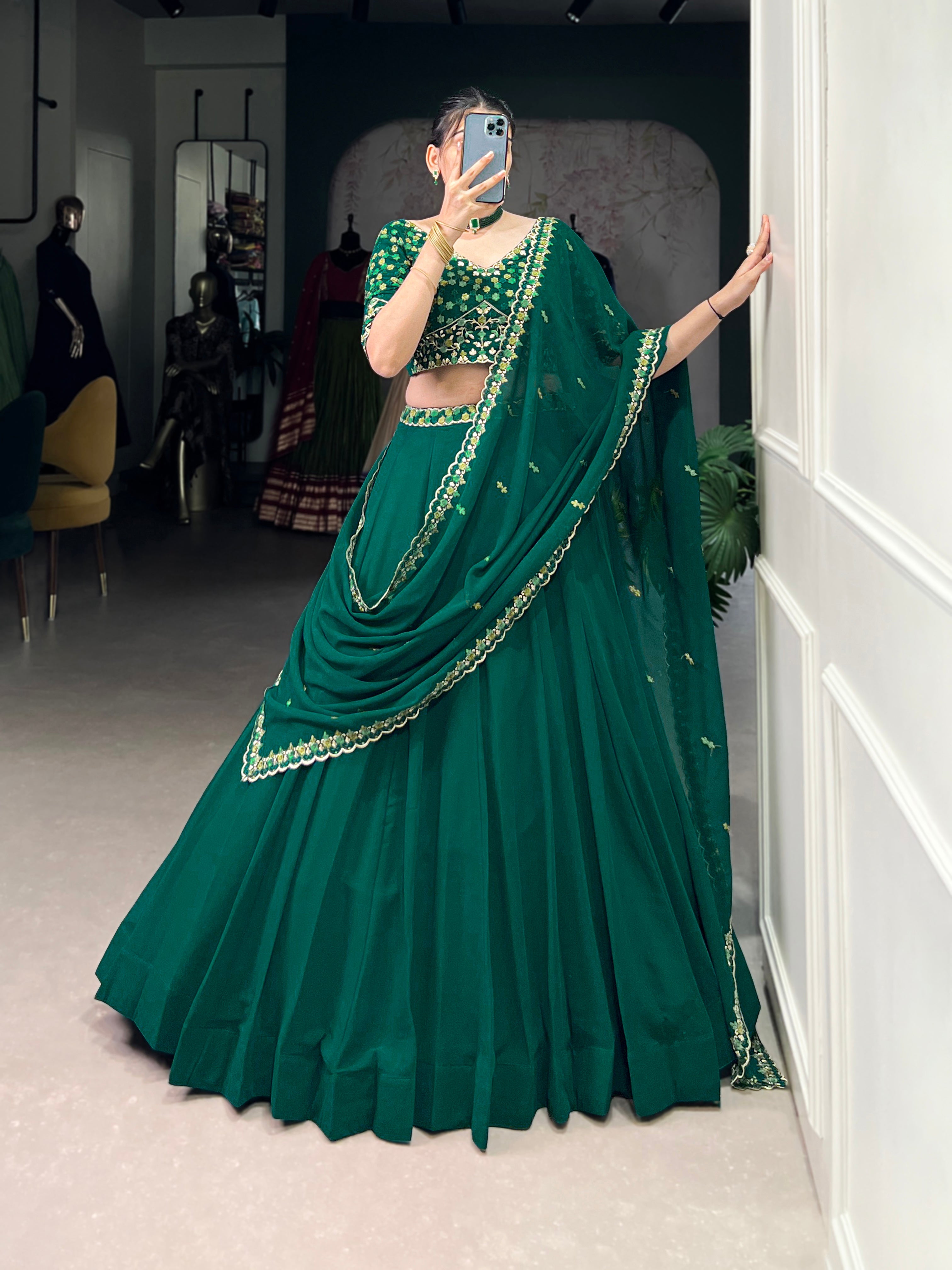 Lorenvalley Fashion Green Georgette Thread Embroidery Work Belt Lehenga Choli with Dupatta