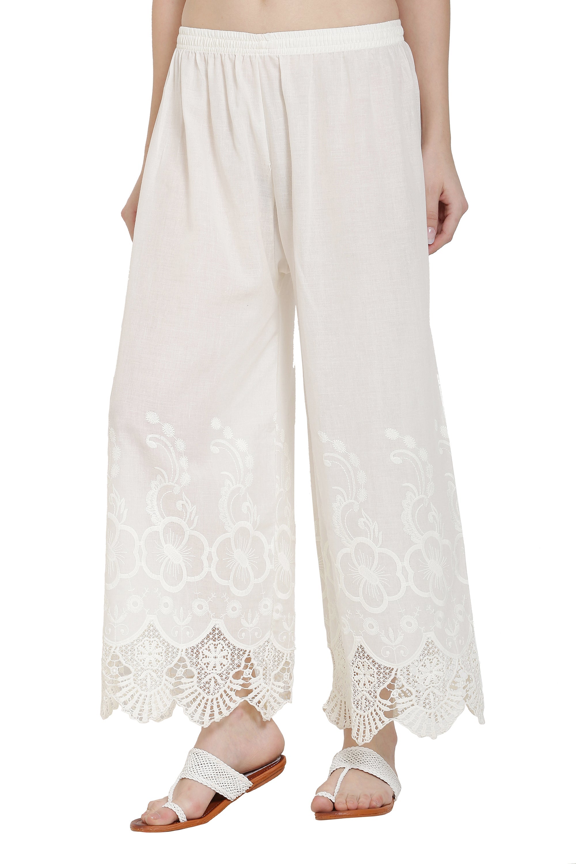 PAVONINE White Color Chikankari Lace Scalloped Hem Cotton Fabric Sharara For Women - Distacart