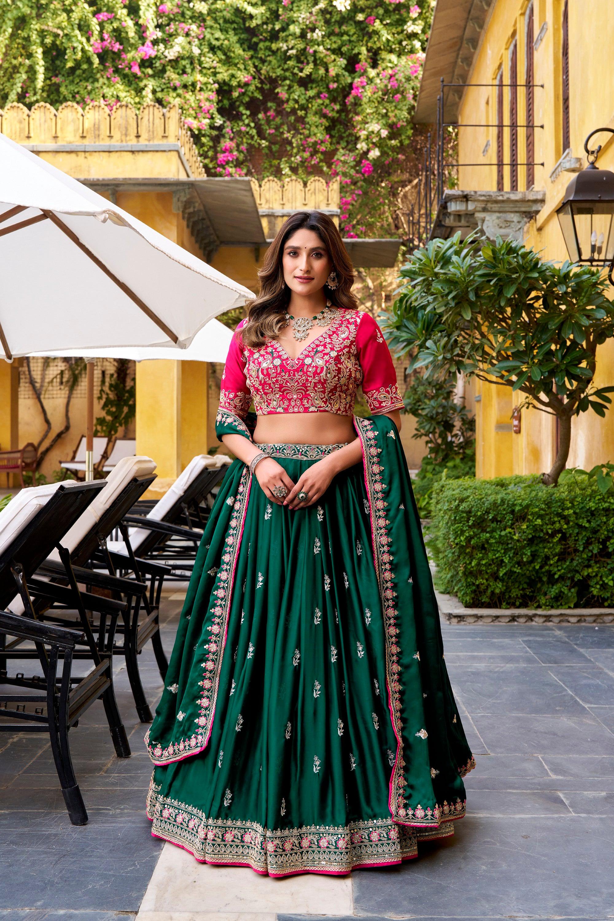 Lorenvalley Fashion Silk Satin Sequins and Thread Embroidery Work Lehenga Choli with Dupatta - Distacart
