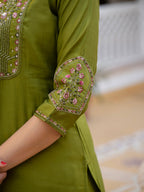 Lorenvalley Fashion Mehendi Viscose Mango Silk Multi Embroidery Sequins With Hand Work Kurta Pant Dupatta - Distacart