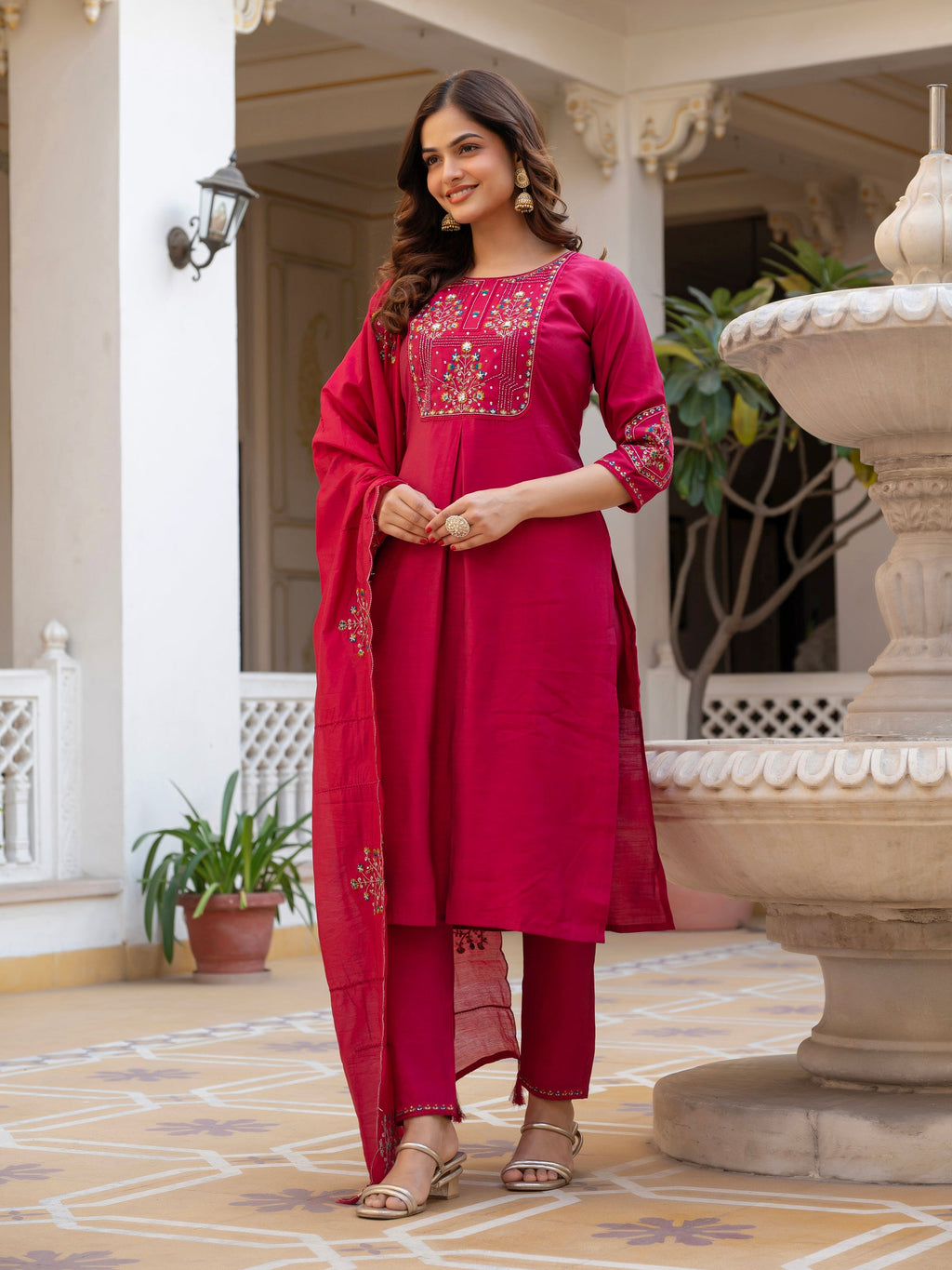 Lorenvalley Fashion Ranipink Viscose Mango Silk Multi Embroidery Sequins With Hand Work Kurta Pant Dupatta - Distacart