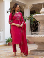 Lorenvalley Fashion Ranipink Viscose Mango Silk Multi Embroidery Sequins With Hand Work Kurta Pant Dupatta - Distacart