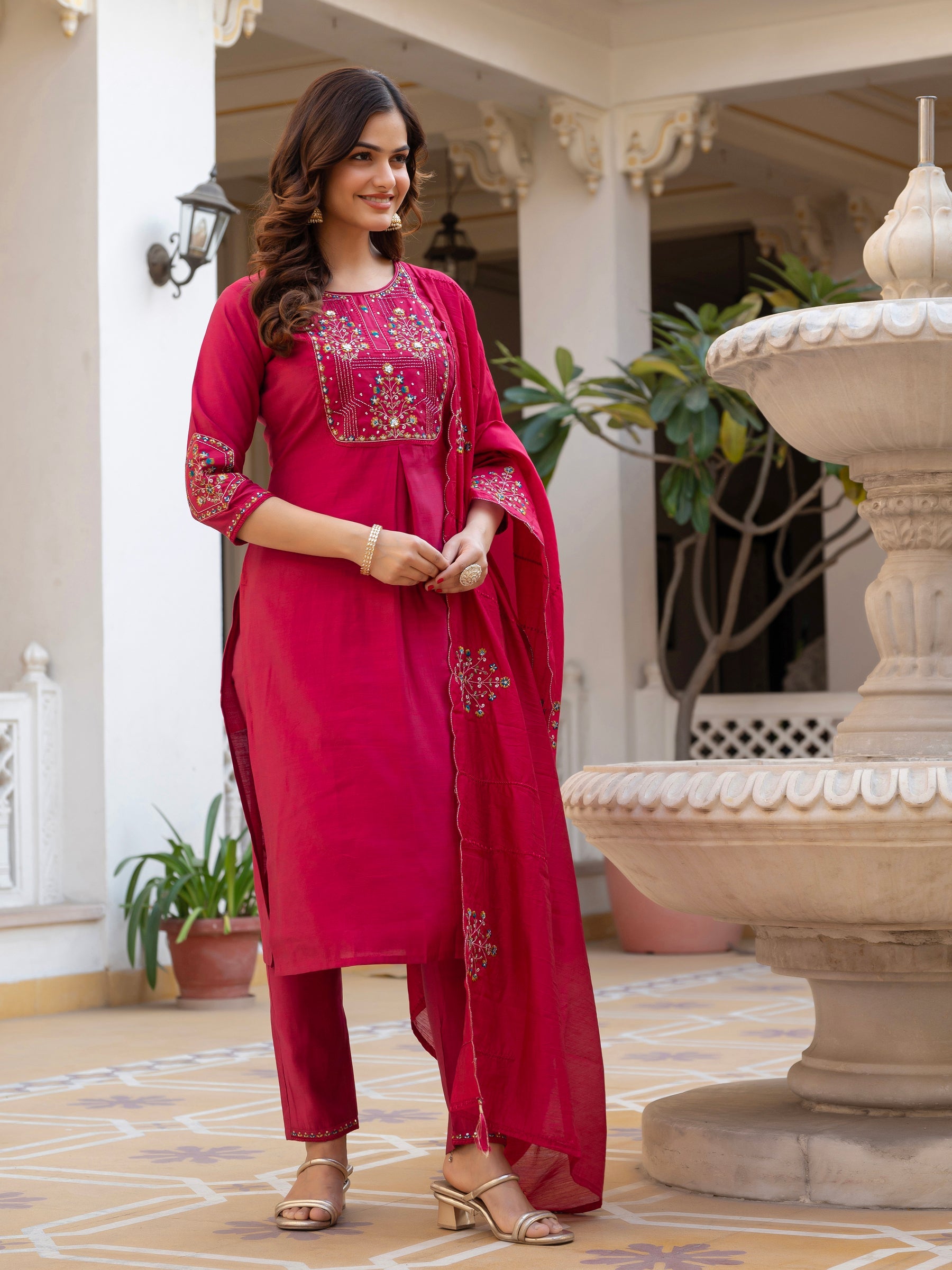 Lorenvalley Fashion Ranipink Viscose Mango Silk Multi Embroidery Sequins With Hand Work Kurta Pant Dupatta - Distacart