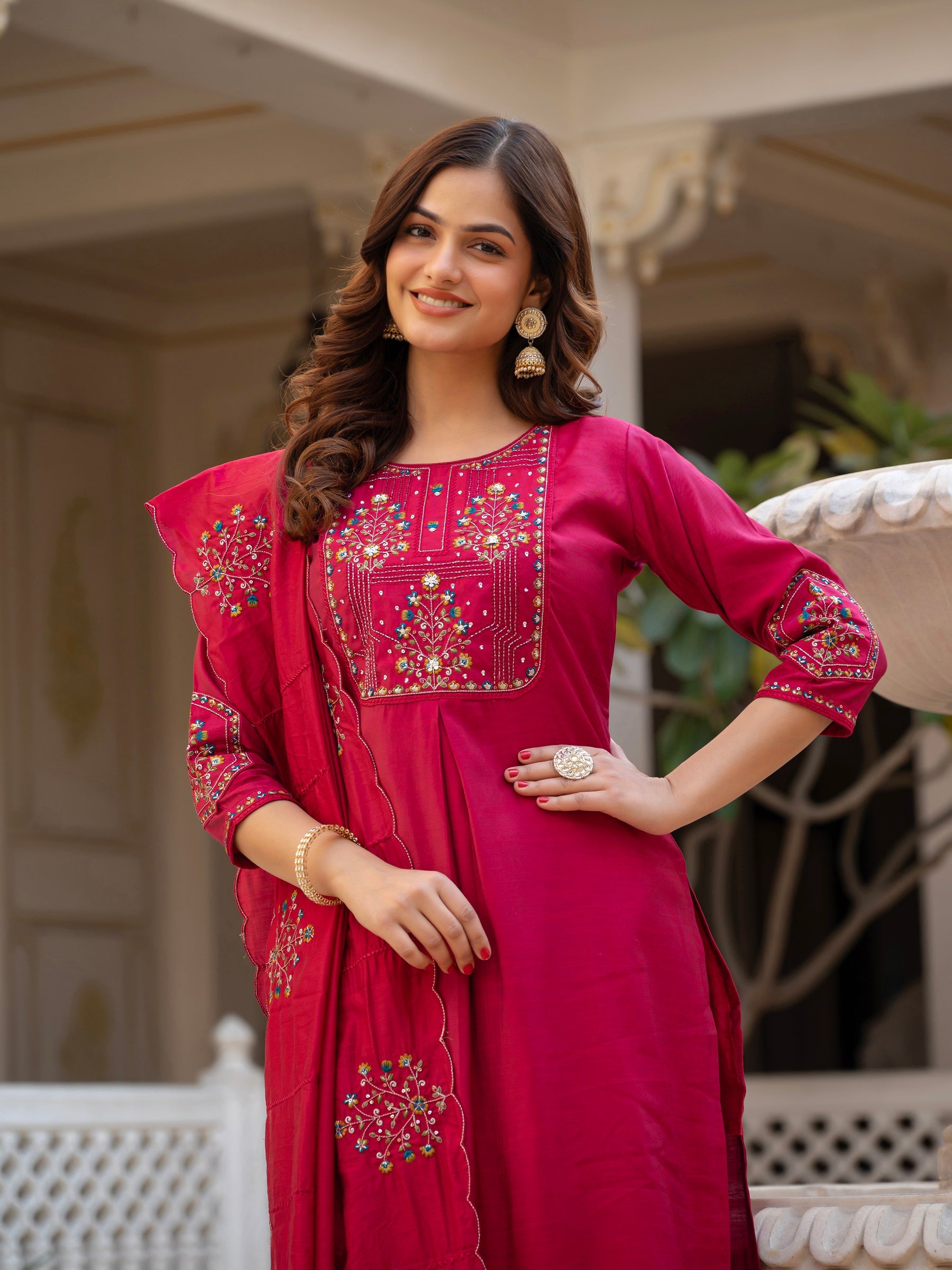 Lorenvalley Fashion Ranipink Viscose Mango Silk Multi Embroidery Sequins With Hand Work Kurta Pant Dupatta - Distacart