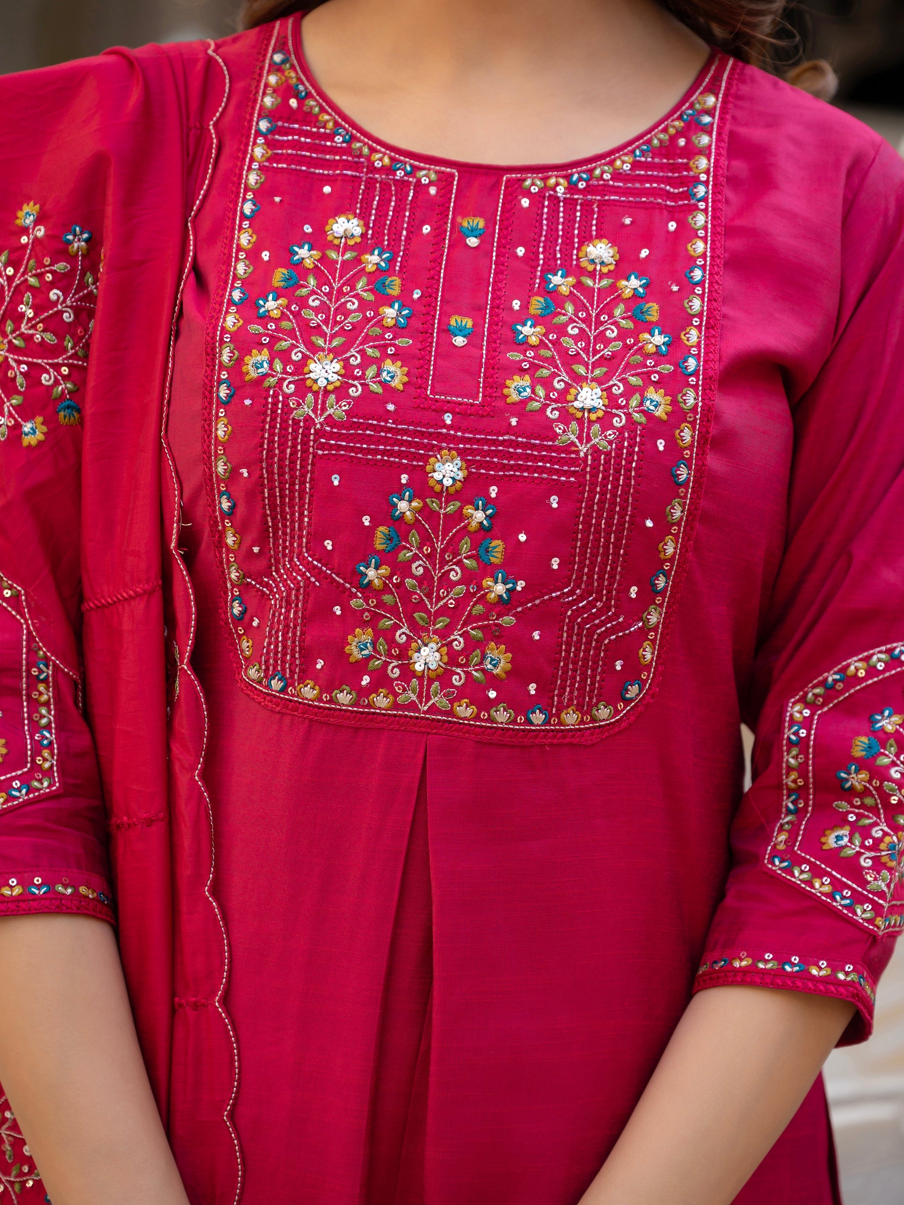 Lorenvalley Fashion Ranipink Viscose Mango Silk Multi Embroidery Sequins With Hand Work Kurta Pant Dupatta - Distacart
