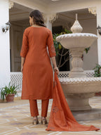 Lorenvalley Fashion Rust Viscose Mango Silk Multi Embroidery Sequins With Hand Work Kurta Pant Dupatta - Distacart