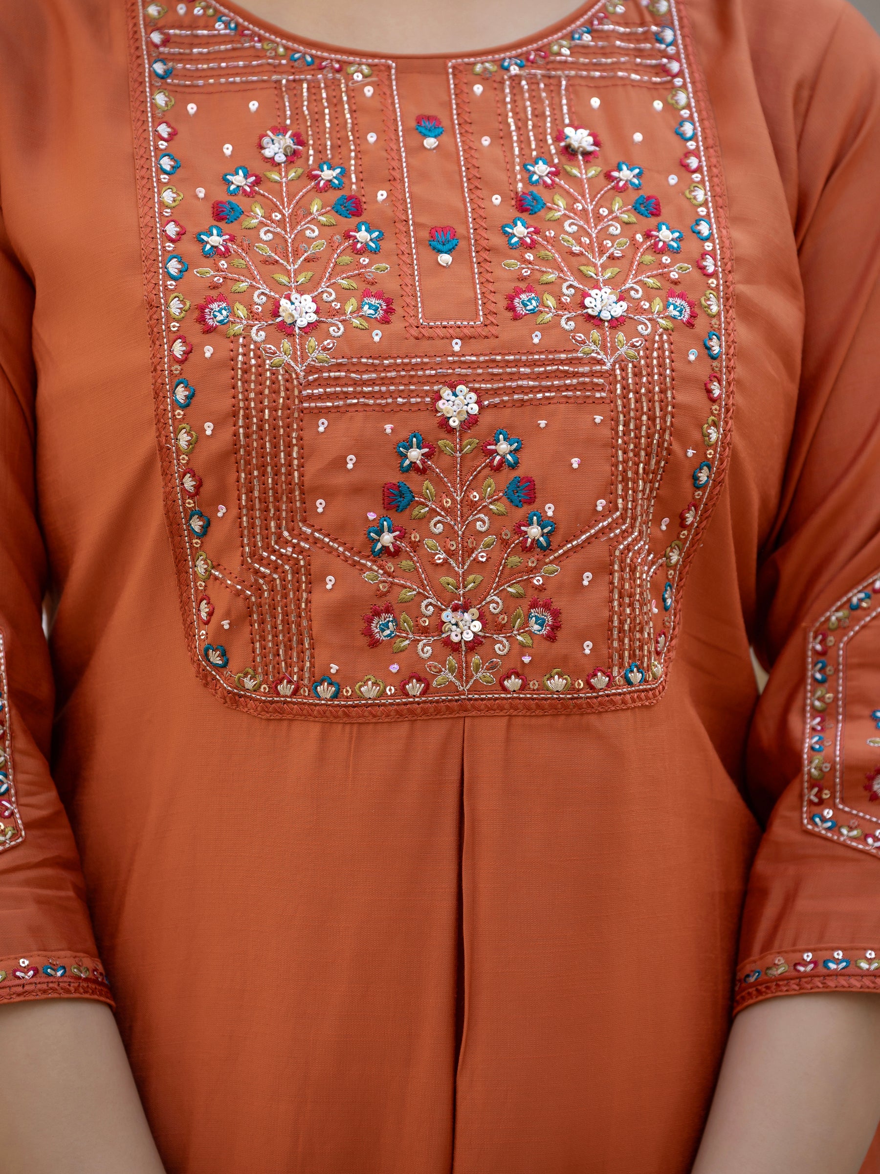 Lorenvalley Fashion Rust Viscose Mango Silk Multi Embroidery Sequins With Hand Work Kurta Pant Dupatta - Distacart