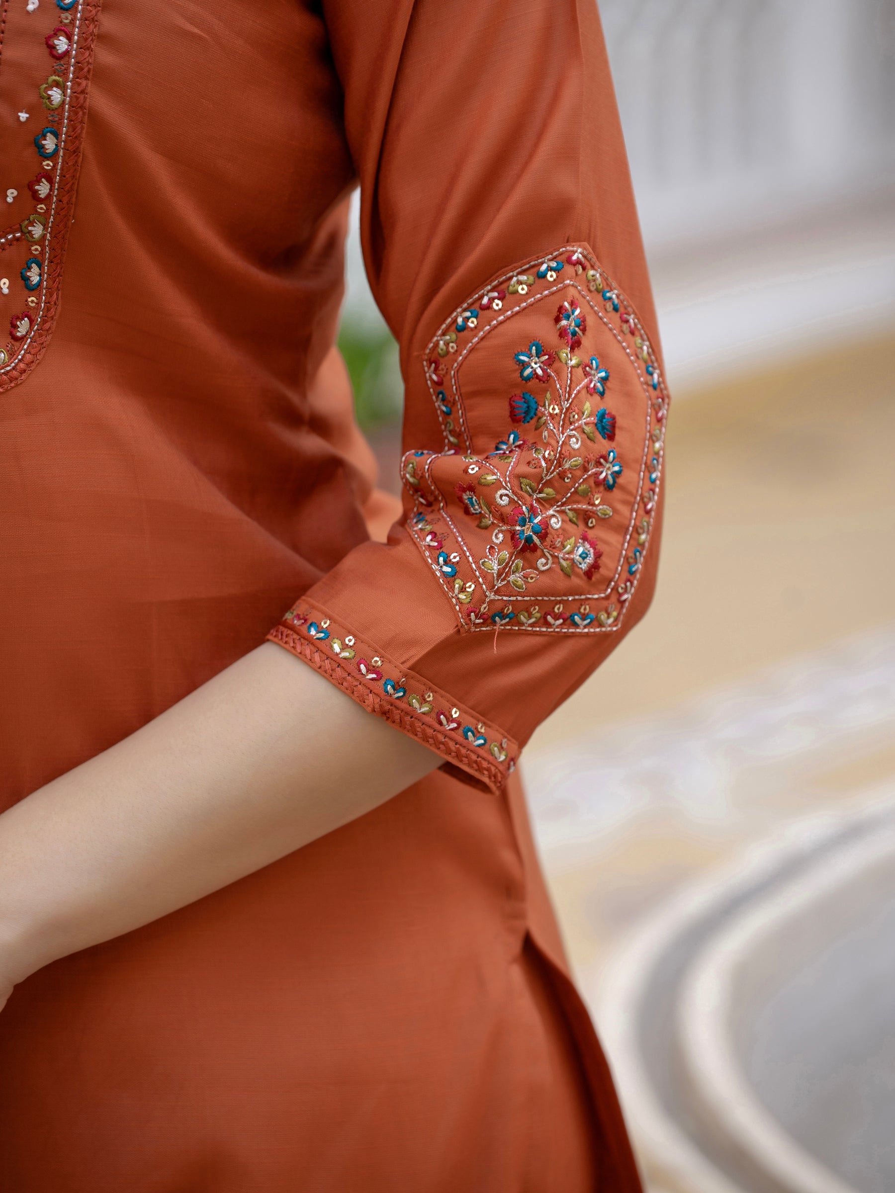 Lorenvalley Fashion Rust Viscose Mango Silk Multi Embroidery Sequins With Hand Work Kurta Pant Dupatta - Distacart