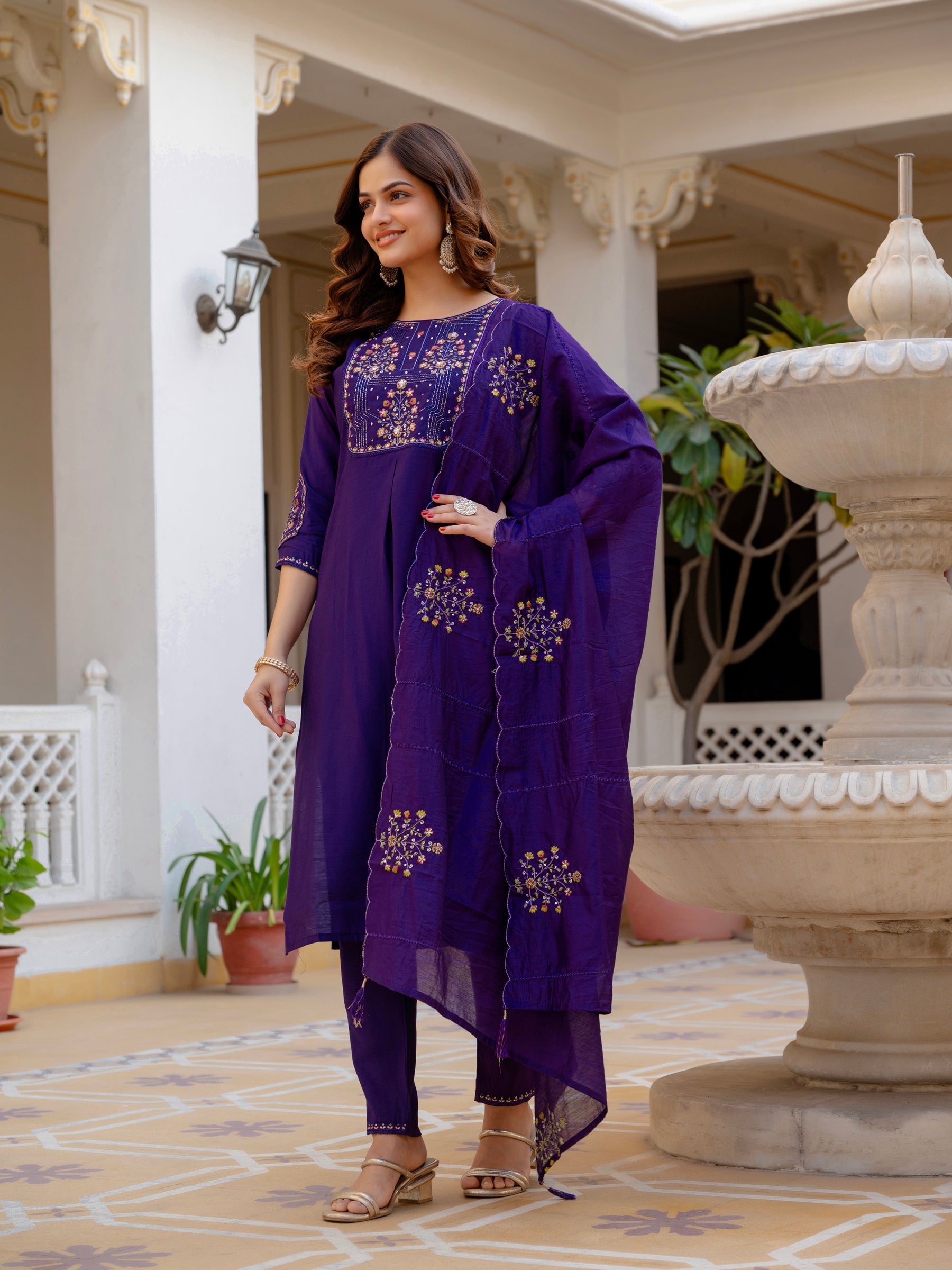 Lorenvalley Fashion Violet Viscose Mango Silk Multi Embroidery Sequins With Hand Work Kurta Pant Dupatta - Distacart