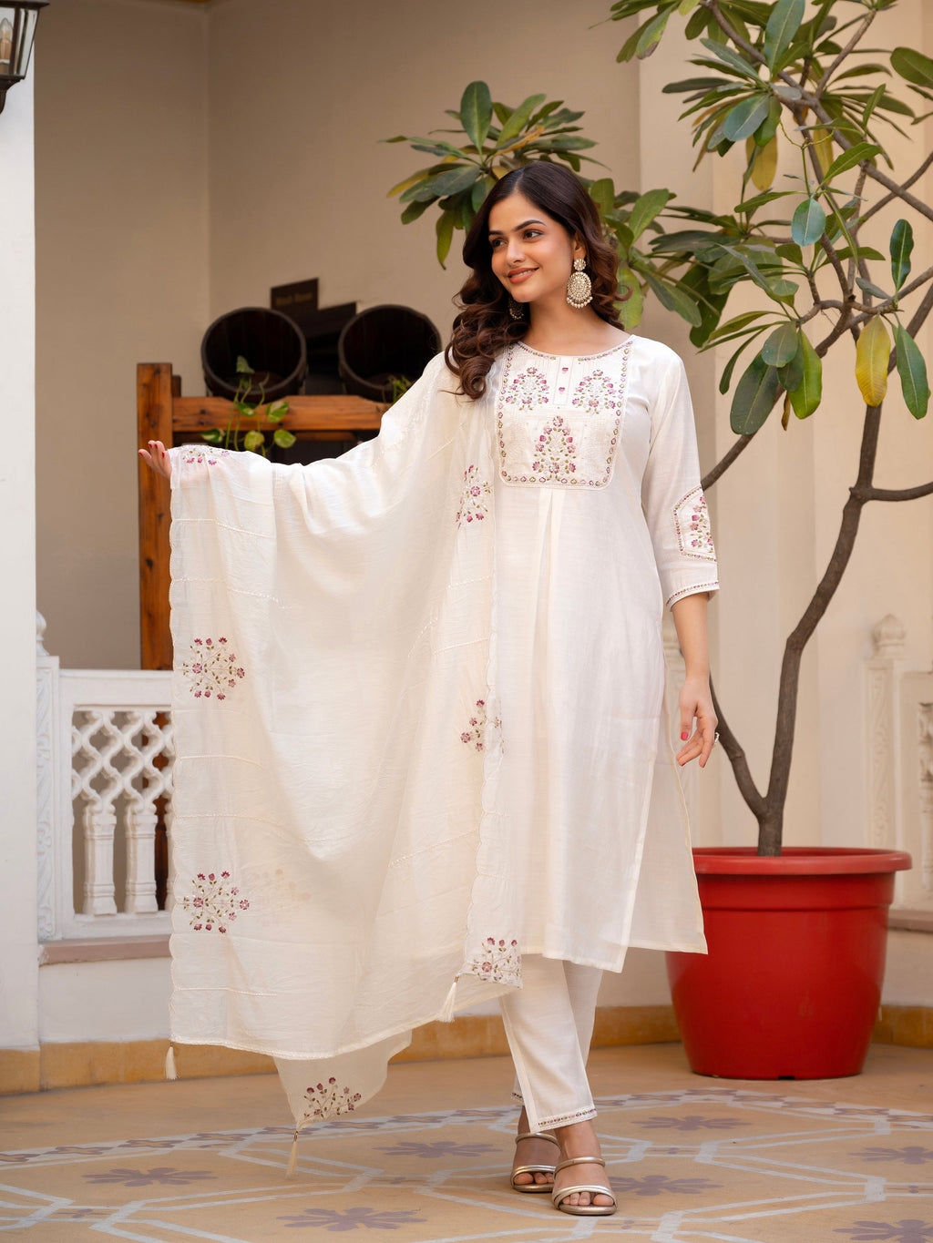Lorenvalley Fashion White Viscose Mango Silk Multi Embroidery Sequins With Hand Work Kurta Pant Dupatta - Distacart