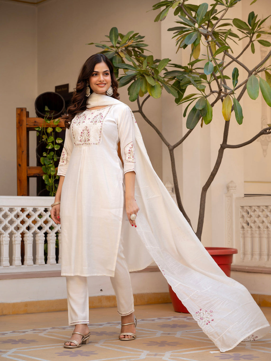 Lorenvalley Fashion White Viscose Mango Silk Multi Embroidery Sequins With Hand Work Kurta Pant Dupatta - Distacart