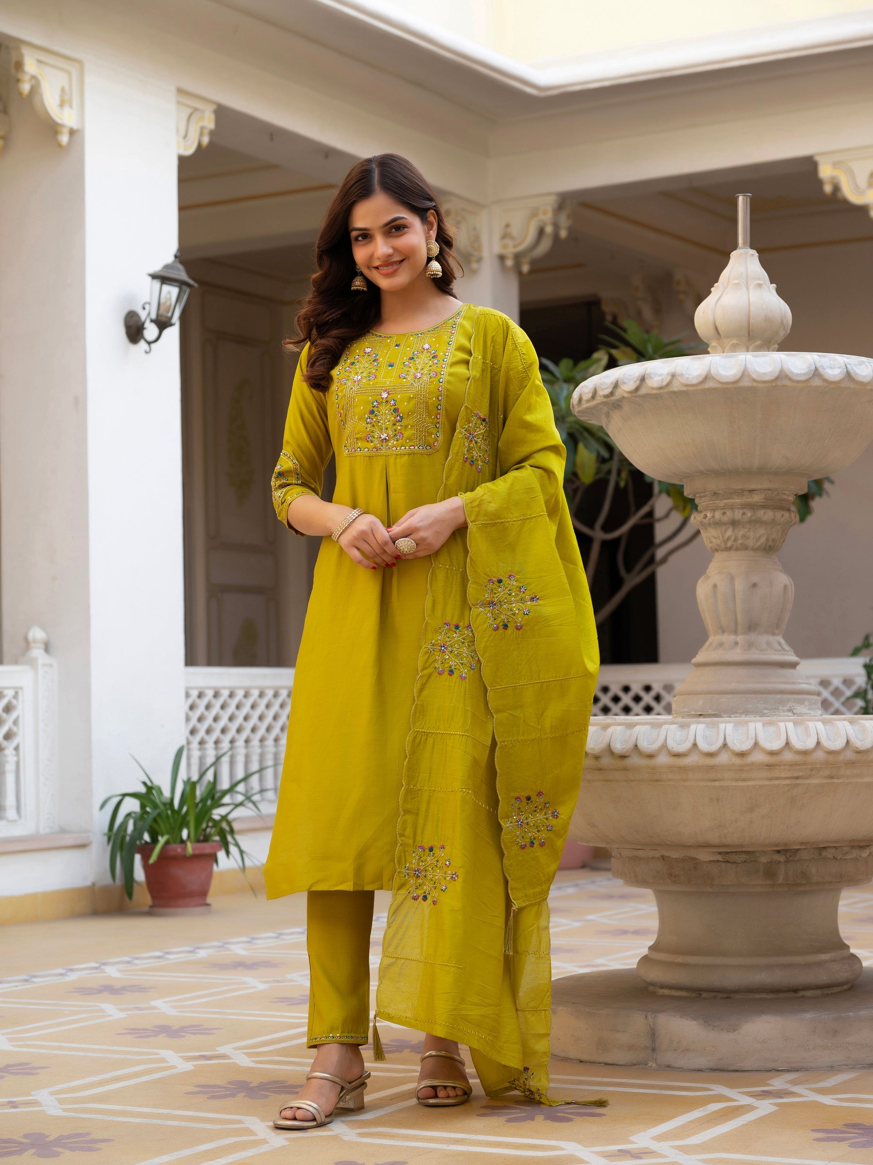 Lorenvalley Fashion Yellow Viscose Mango Silk Multi Embroidery Sequins With Hand Work Kurta Pant Dupatta - Distacart