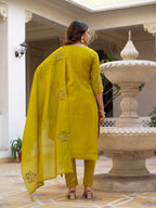 Lorenvalley Fashion Yellow Viscose Mango Silk Multi Embroidery Sequins With Hand Work Kurta Pant Dupatta - Distacart
