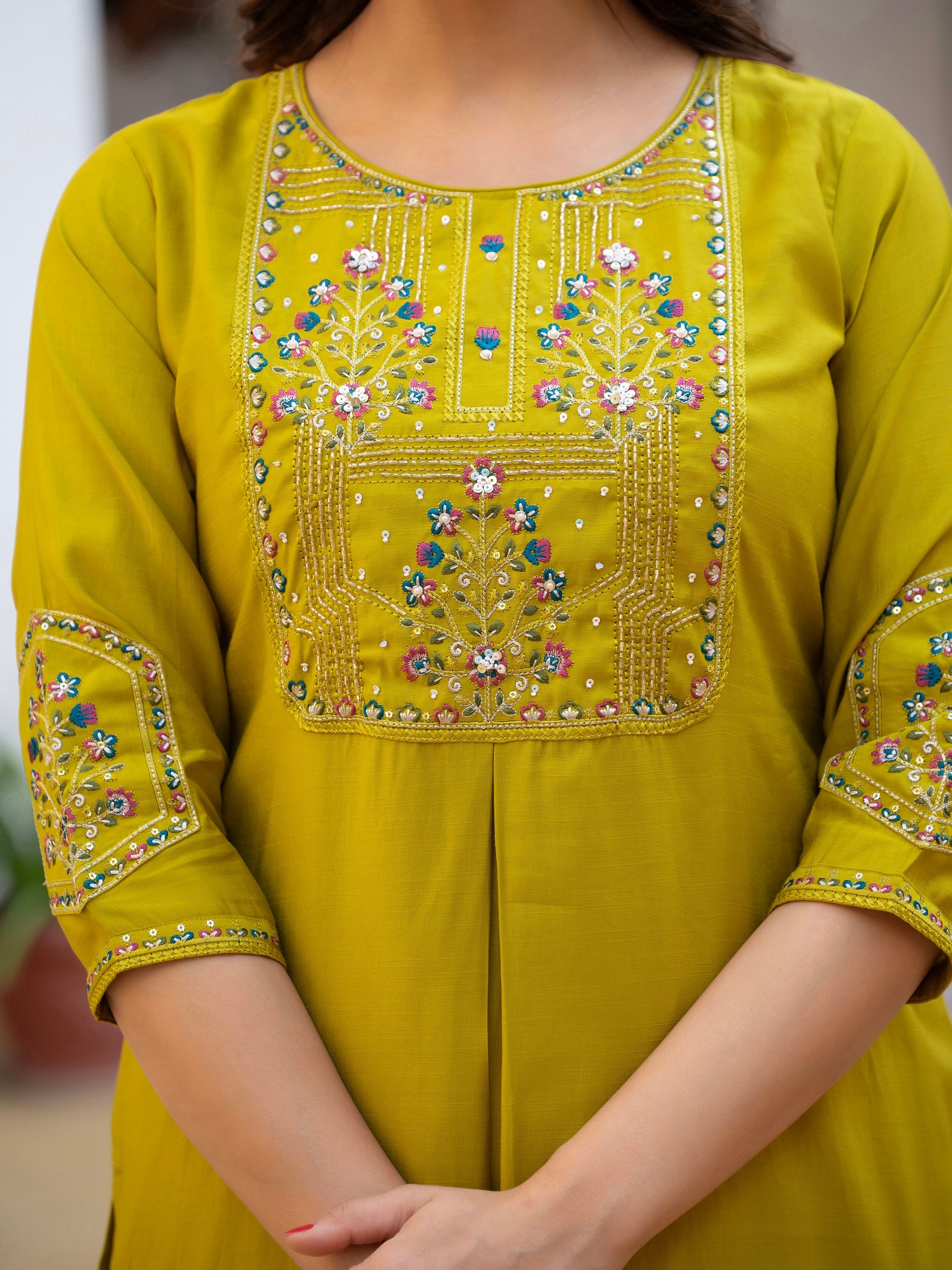 Lorenvalley Fashion Yellow Viscose Mango Silk Multi Embroidery Sequins With Hand Work Kurta Pant Dupatta - Distacart
