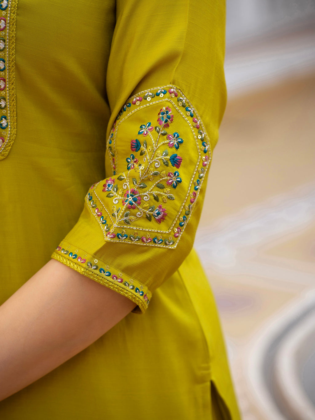 Lorenvalley Fashion Yellow Viscose Mango Silk Multi Embroidery Sequins With Hand Work Kurta Pant Dupatta - Distacart