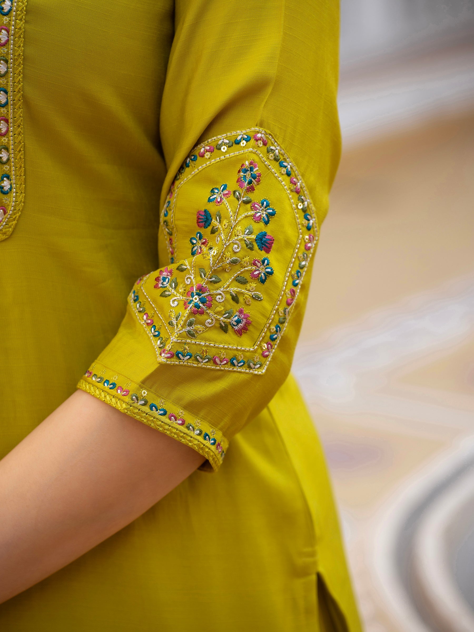 Lorenvalley Fashion Yellow Viscose Mango Silk Multi Embroidery Sequins With Hand Work Kurta Pant Dupatta - Distacart