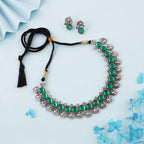 Tehzeeb Creations Silver Plated Green Colour Stone Jewellery Choker Necklace Set With Matching Pair of Stud Earrings