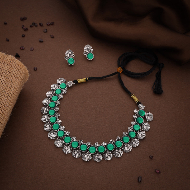Tehzeeb Creations Silver Plated Green Colour Stone Jewellery Choker Necklace Set With Matching Pair of Stud Earrings