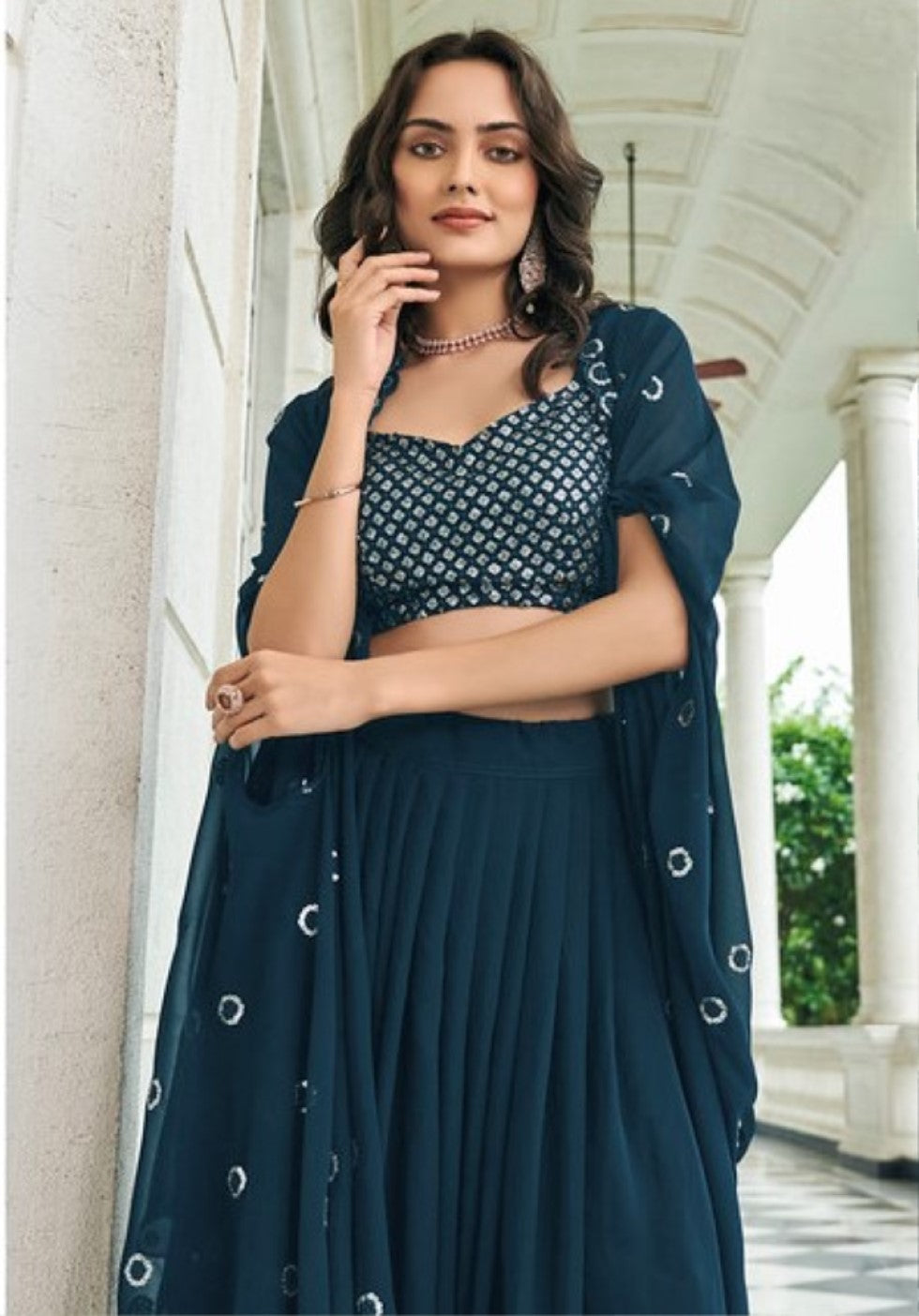 Anaita Teal Blue Georgette Stitched Lehenga Choli With Sequence & Thread Work - Distacart