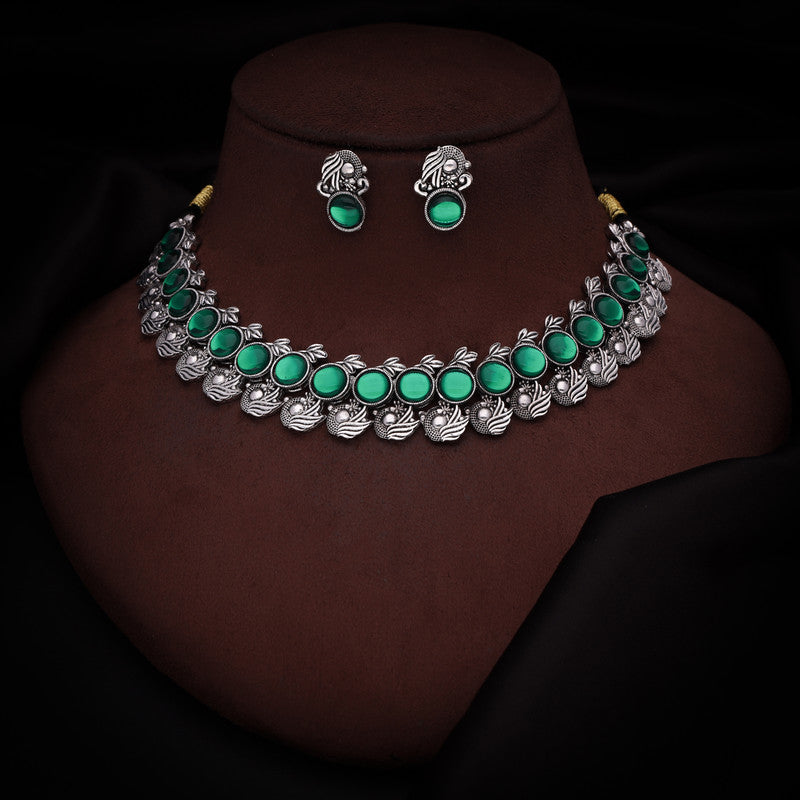Tehzeeb Creations Silver Plated Green Colour Stone Jewellery Choker Necklace Set With Matching Pair of Stud Earrings