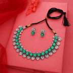 Tehzeeb Creations Silver Plated Green Colour Stone Jewellery Choker Necklace Set With Matching Pair of Stud Earrings