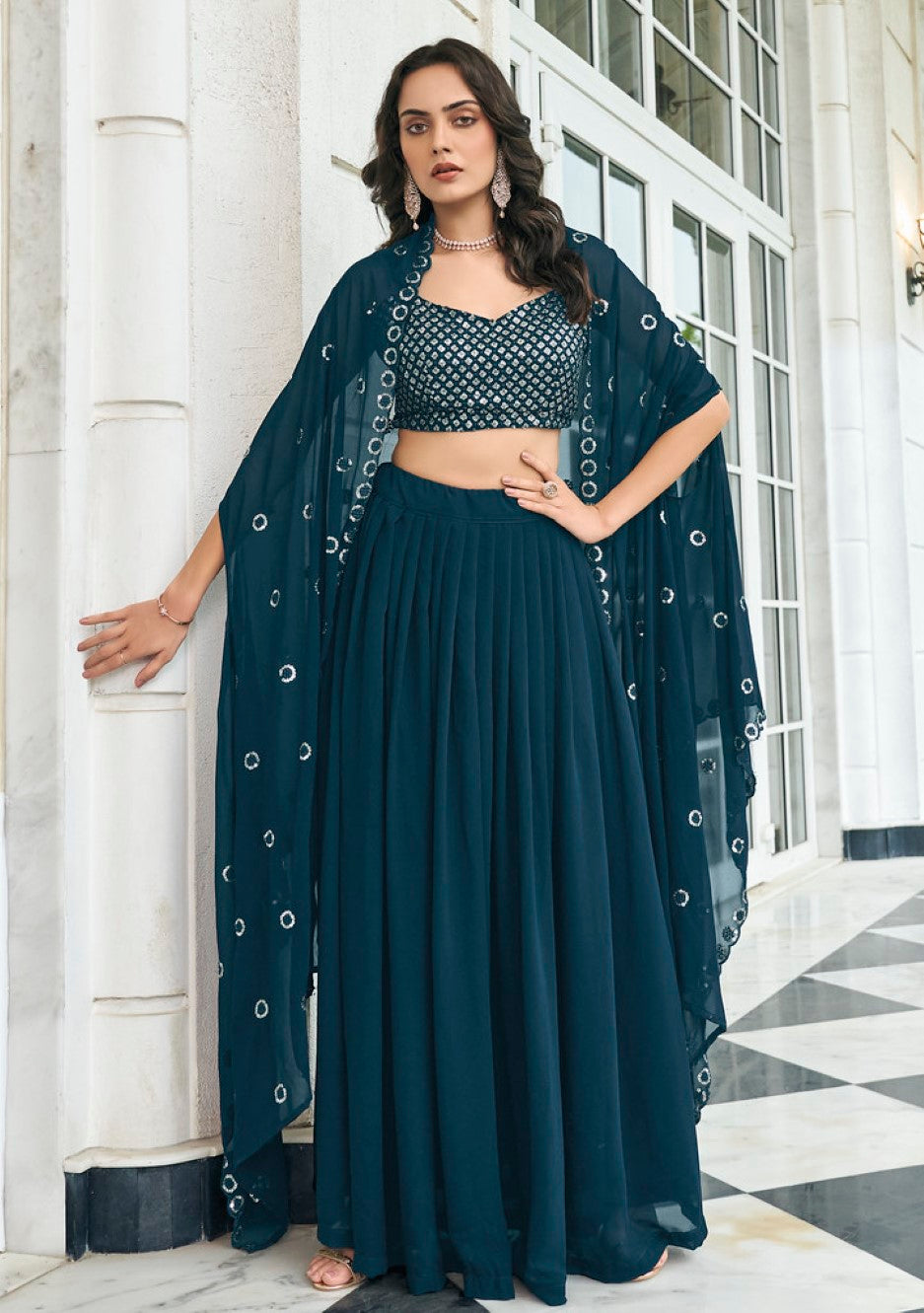 Anaita Teal Blue Georgette Stitched Lehenga Choli With Sequence & Thread Work - Distacart