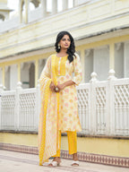 Juniper Women's Yellow Floral Printed Cotton Kurta Pant With Dupatta Set With Sequins & Thread Work