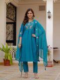 Vedant Vastram Viscose Silk Embroidery & Sequence Work Stitched Salwar Suit Set-Firozi - Distacart