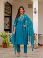 Vedant Vastram Viscose Silk Embroidery & Sequence Work Stitched Salwar Suit Set-Firozi - Distacart