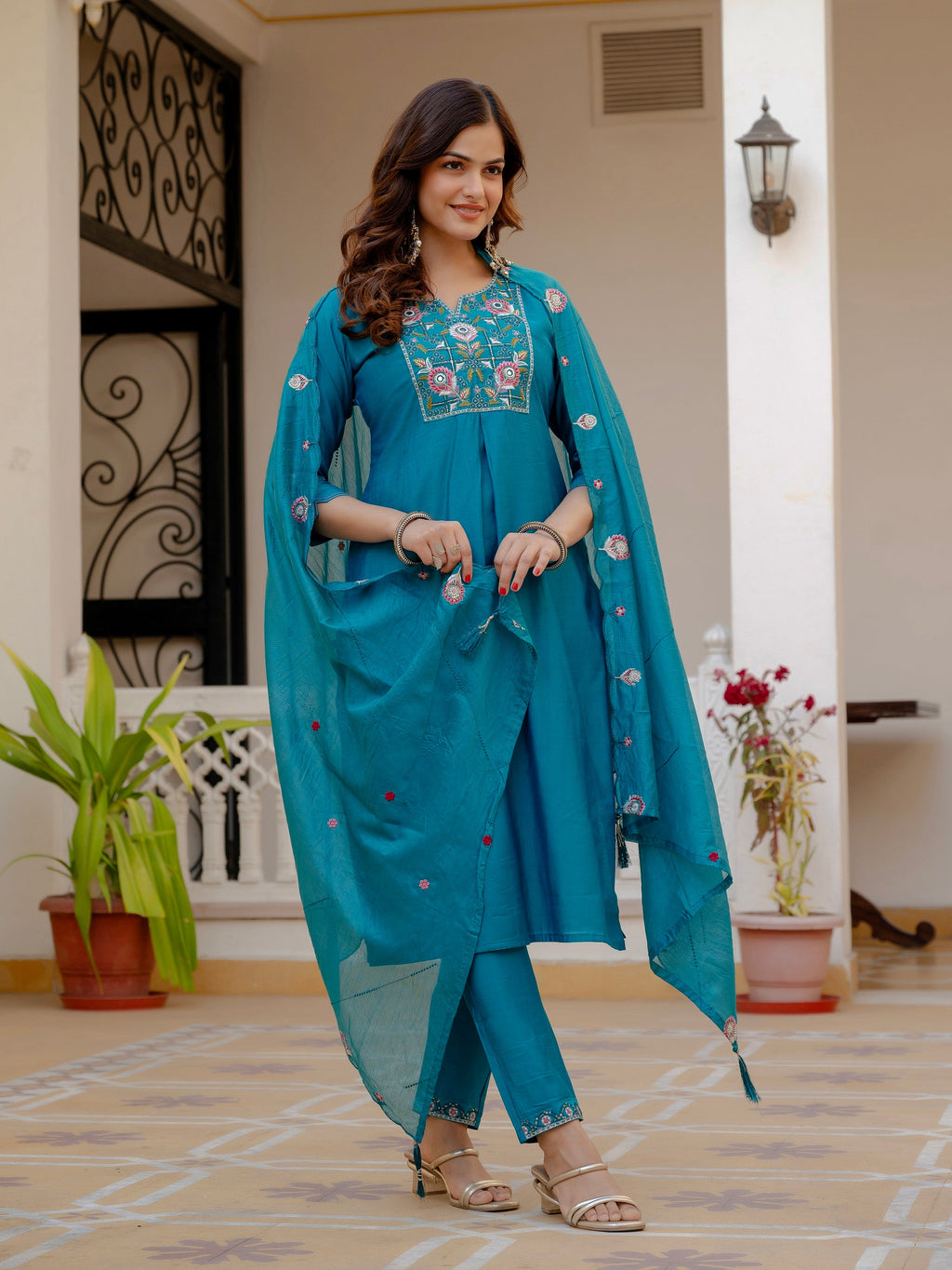 Vedant Vastram Viscose Silk Embroidery & Sequence Work Stitched Salwar Suit Set-Firozi - Distacart