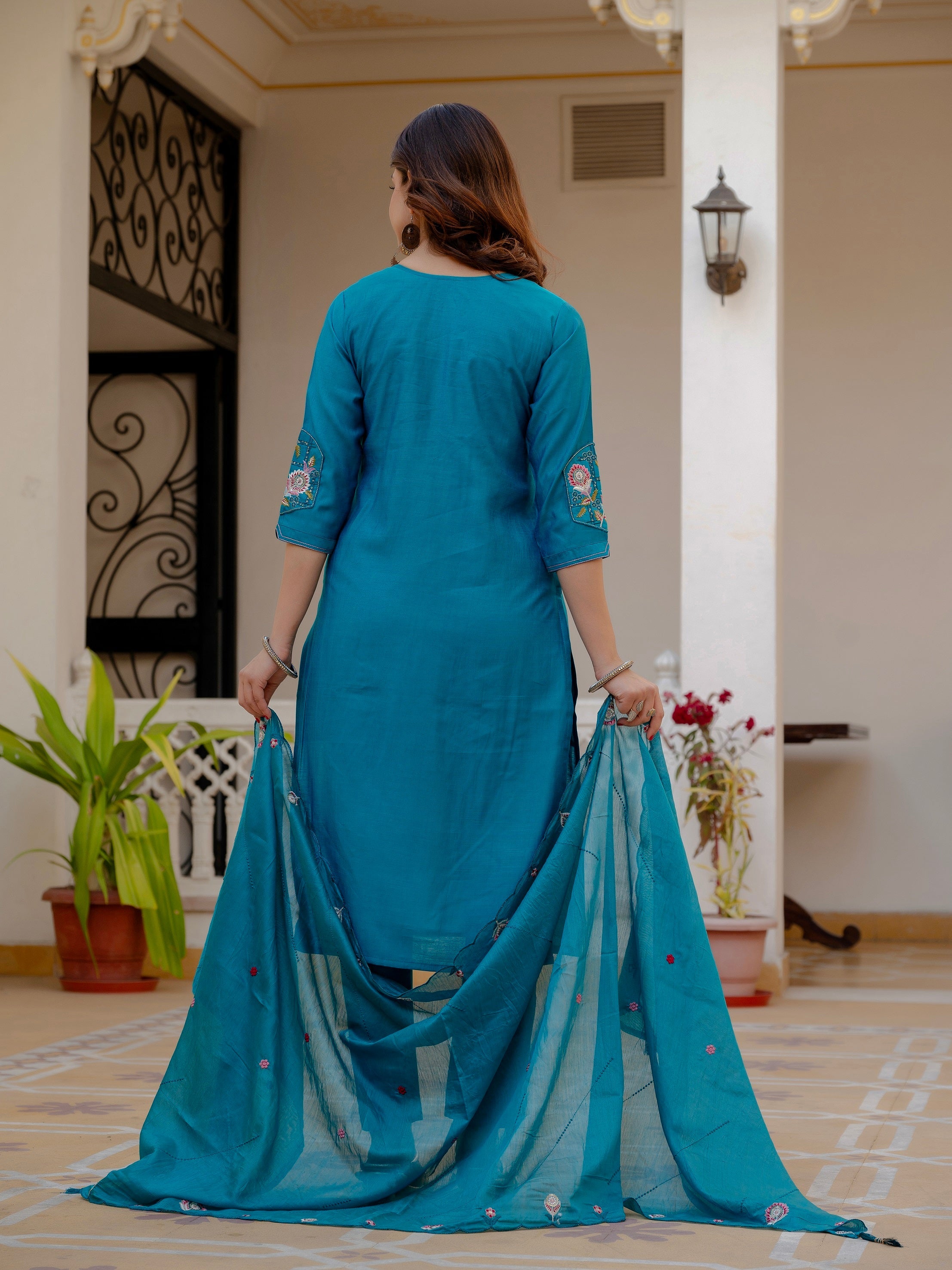 Vedant Vastram Viscose Silk Embroidery & Sequence Work Stitched Salwar Suit Set-Firozi - Distacart