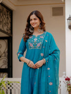 Vedant Vastram Viscose Silk Embroidery & Sequence Work Stitched Salwar Suit Set-Firozi - Distacart