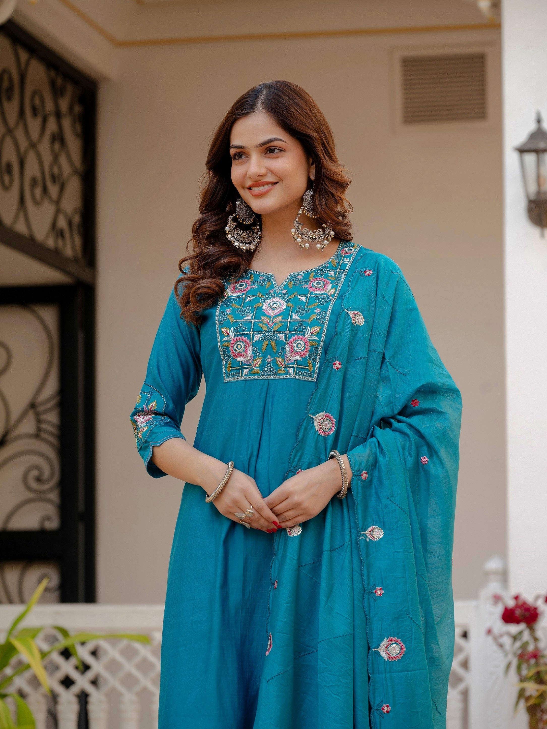 Vedant Vastram Viscose Silk Embroidery & Sequence Work Stitched Salwar Suit Set-Firozi - Distacart