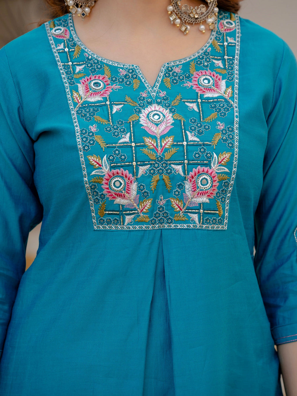Vedant Vastram Viscose Silk Embroidery & Sequence Work Stitched Salwar Suit Set-Firozi - Distacart