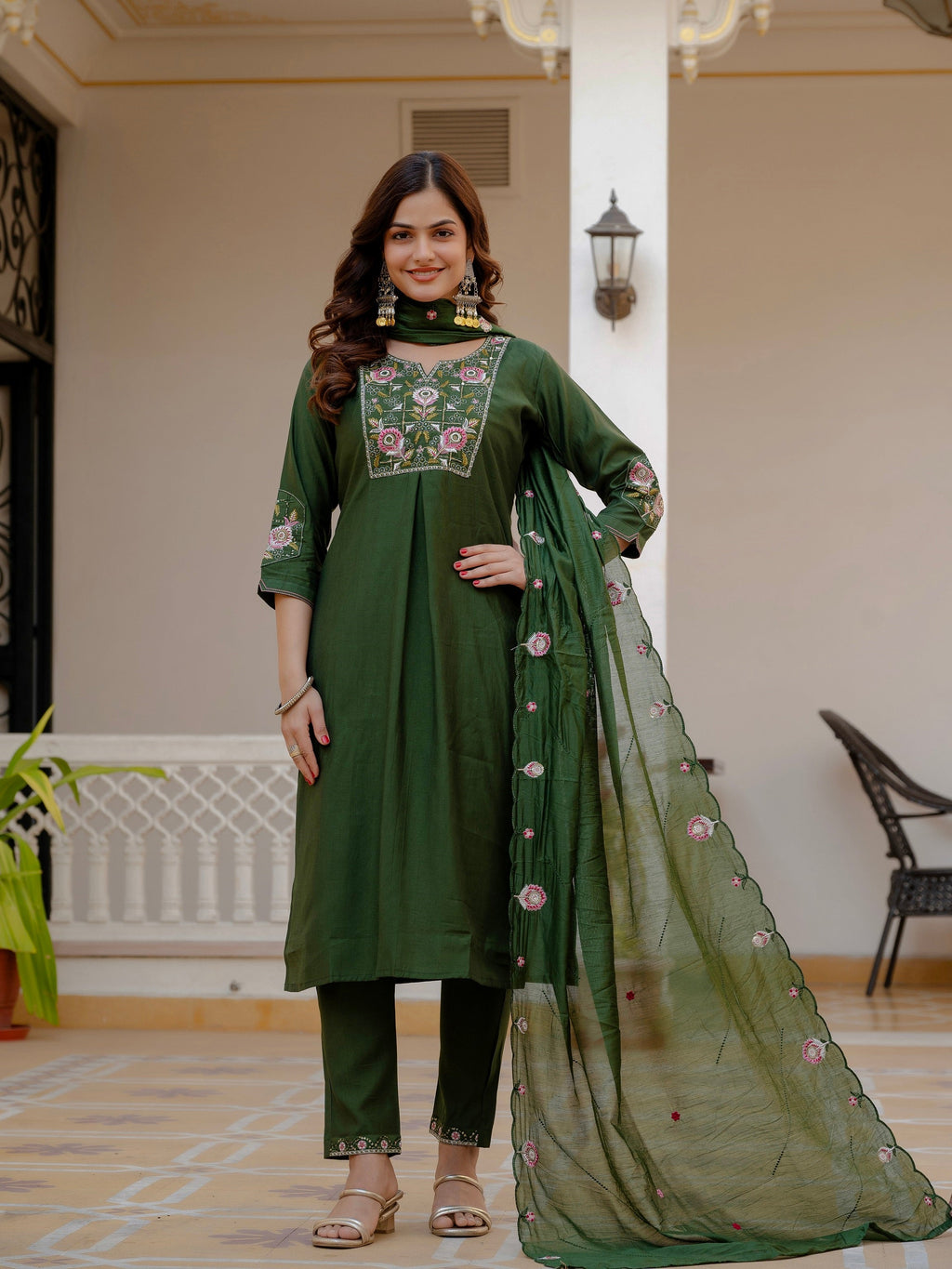 Vedant Vastram Viscose Silk Embroidery & Sequence Work Stitched Salwar Suit Set-Green - Distacart