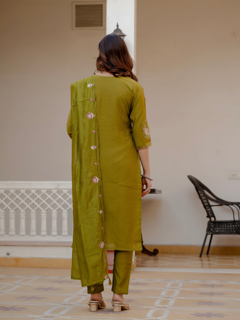 Vedant Vastram Viscose Silk Embroidery & Sequence Work Stitched Salwar Suit Set-Mehandi - Distacart