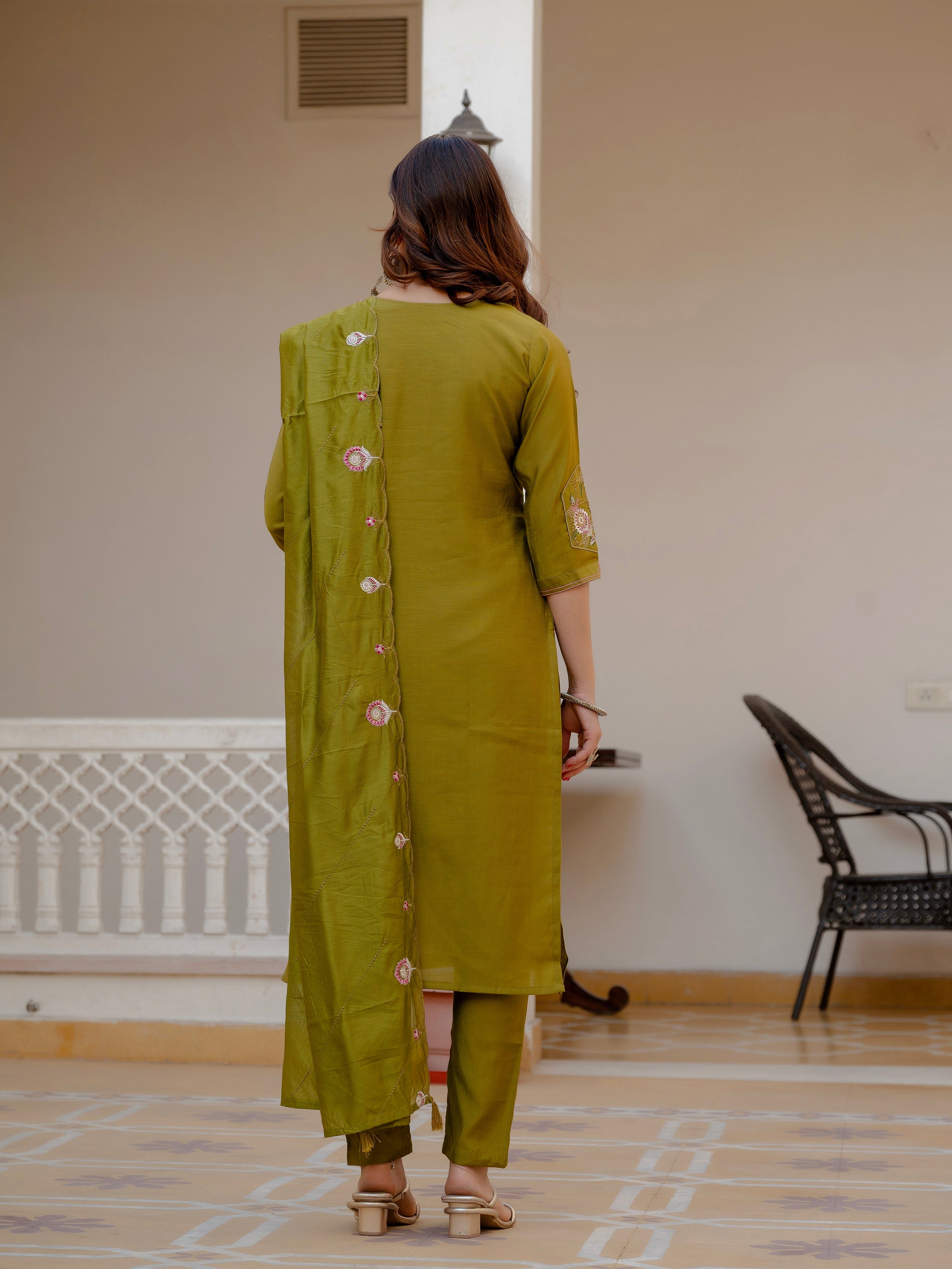 Vedant Vastram Viscose Silk Embroidery & Sequence Work Stitched Salwar Suit Set-Mehandi - Distacart